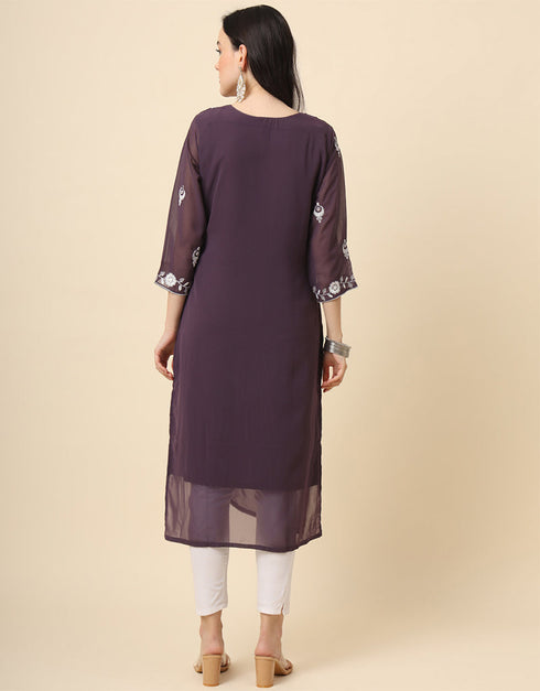 stylish embroidery work georgette designer party wear readymade long kurtis with lavender 13560-acy3391 Close-up View